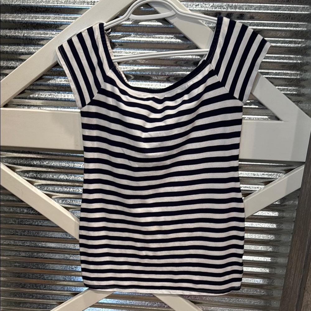 Motherhood Maternity Blue and White Fitted Cap Sleeve T-Shirt